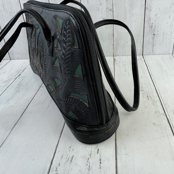 J.L. Saldivar Black Green Floral Tooled Leather Inlay Handcrafted Shoulder Bag - Picture 4 of 11